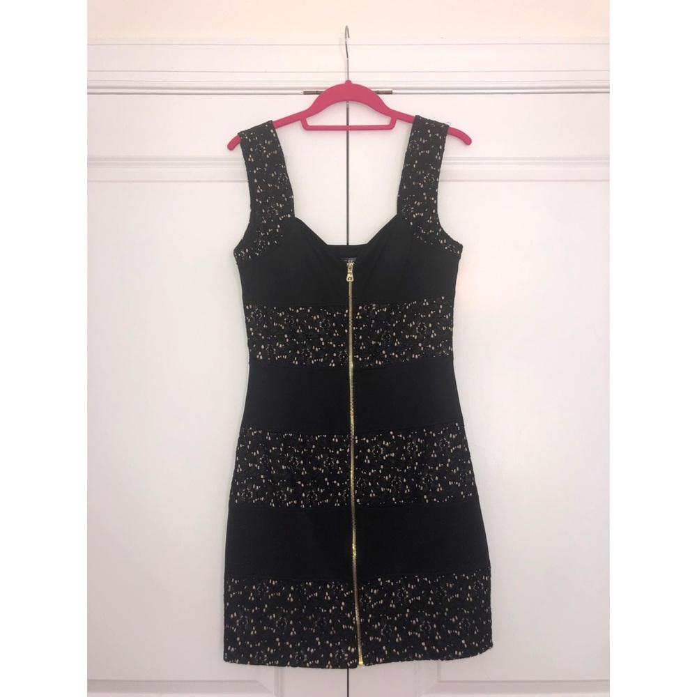 Guess Zip-Front Body Con Dress Black Eyelet Size 6